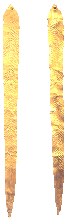 商代 商代晚期 长 22.68厘米，宽1.85厘米 1986年于四川广汉三星堆遗址二号祭祀坑出土 形似鲇鱼，又似细叶，从一面錾凿形形线和刺点纹。头端戳有一小空，两侧錾 一小缺口。